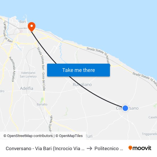 Conversano - Via Bari (Incrocio Via M. L. King) to Politecnico Di Bari map