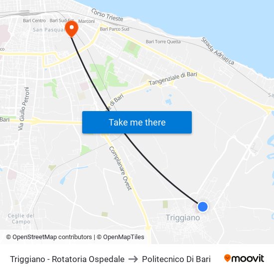 Triggiano - Rotatoria Ospedale to Politecnico Di Bari map