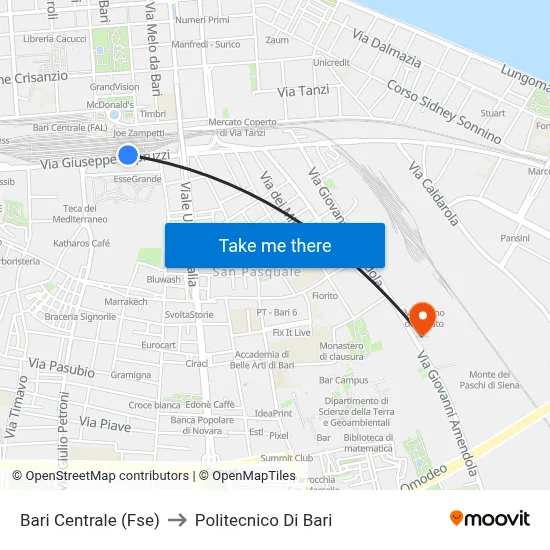 Bari Central (FSE) to Polytechnic of Bari map