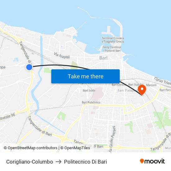 Corigliano-Columbo to Politecnico Di Bari map