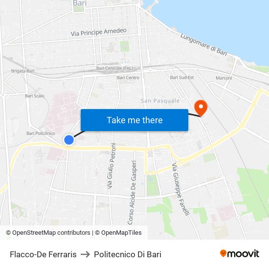 Flacco-De Ferraris to Politecnico Di Bari map