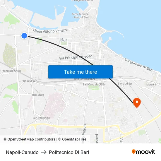 Naples-Canudo to Polytechnic of Bari map