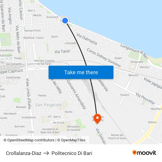 Crollalanza-Diaz to Politecnico Di Bari map