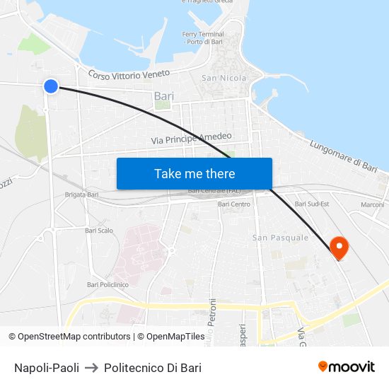 Napoli-Paoli to Politecnico Di Bari map