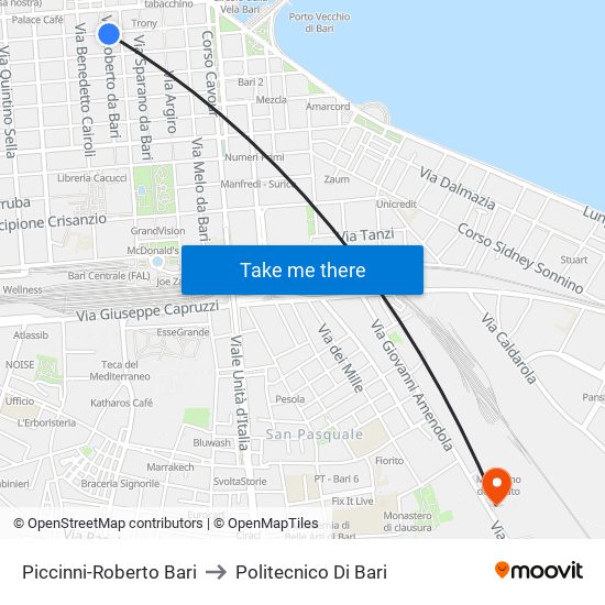 Piccinni-Roberto Bari to Politecnico Di Bari map