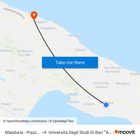 Manduria - Piazza Garibaldi (Tab. Perrucci) to Università Degli Studi Di Bari ""Aldo Moro"" - Facoltà Di Economia E Commercio map