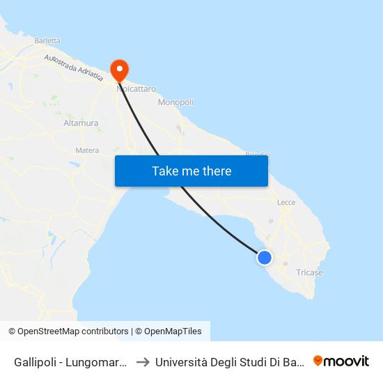 Gallipoli - Lungomare Galileo Galilei (Angolo Via Savonarola) to Università Degli Studi Di Bari ""Aldo Moro"" - Facoltà Di Economia E Commercio map