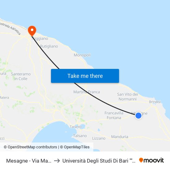 Mesagne - Via Marconi-Caserma Dei Carabinieri to Università Degli Studi Di Bari ""Aldo Moro"" - Facoltà Di Economia E Commercio map