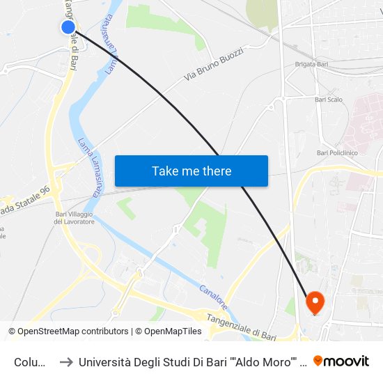 Columbo (Rfi) to Università Degli Studi Di Bari ""Aldo Moro"" - Facoltà Di Economia E Commercio map