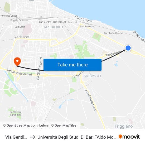 Via Gentile (Bellavista) to Università Degli Studi Di Bari ""Aldo Moro"" - Facoltà Di Economia E Commercio map