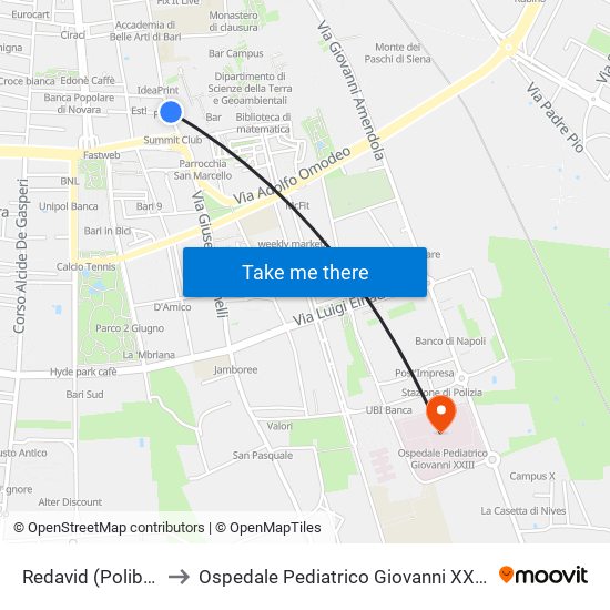 Redavid (Poliba) to Ospedale Pediatrico Giovanni XXIII map