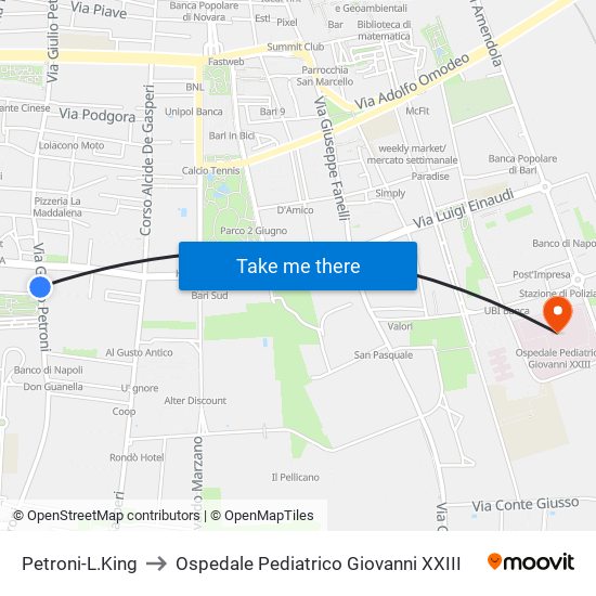 Petroni-L.King to Ospedale Pediatrico Giovanni XXIII map