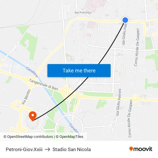 Petroni-Giov.Xxiii to Stadio San Nicola map