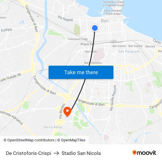 De Cristoforis-Crispi to Stadio San Nicola map