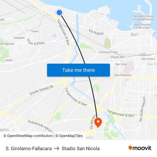 S. Girolamo-Fallacara to Stadio San Nicola map