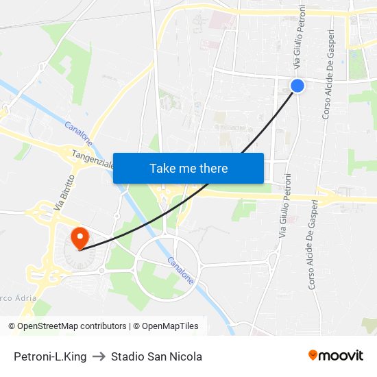 Petroni-L.King to Stadio San Nicola map