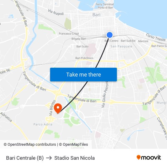 Bari Centrale (B) to Stadio San Nicola map