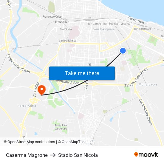 Caserma Magrone to Stadio San Nicola map