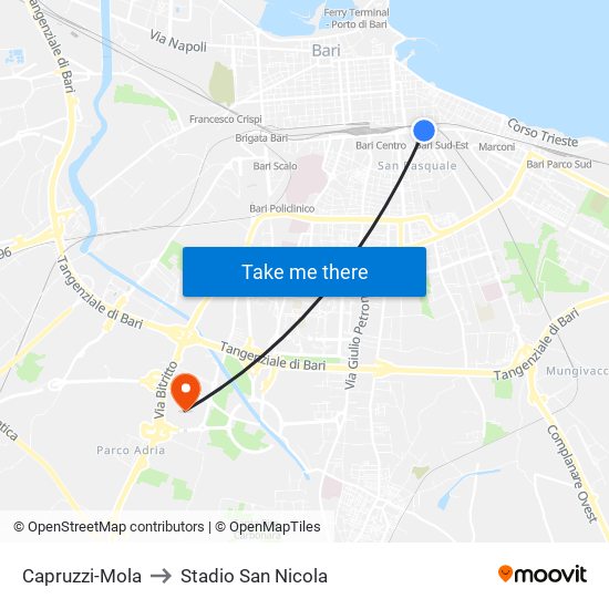 Capruzzi-Mola to Stadio San Nicola map