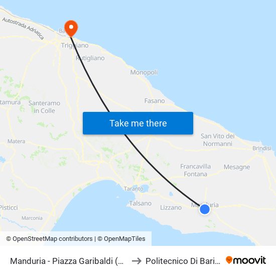 Manduria - Piazza Garibaldi (Tab. Perrucci) to Politecnico Di Bari - Dmmm map