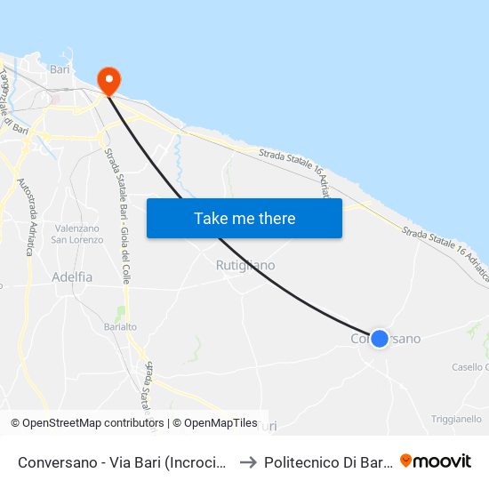 Conversano - Via Bari (Incrocio Via M. L. King) to Politecnico Di Bari - Dmmm map