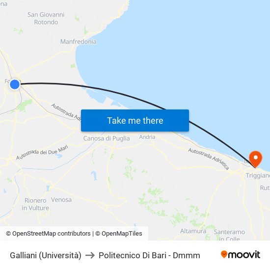 Galliani (Università) to Politecnico Di Bari - Dmmm map