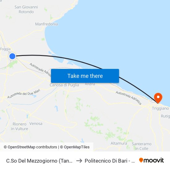 C.So Del Mezzogiorno (Tangenziale) to Politecnico Di Bari - Dmmm map