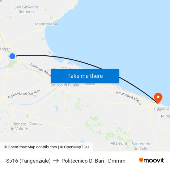 Ss16 (Tangenziale) to Politecnico Di Bari - Dmmm map