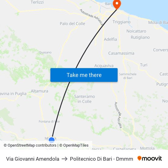 Via Giovanni Amendola to Politecnico Di Bari - Dmmm map