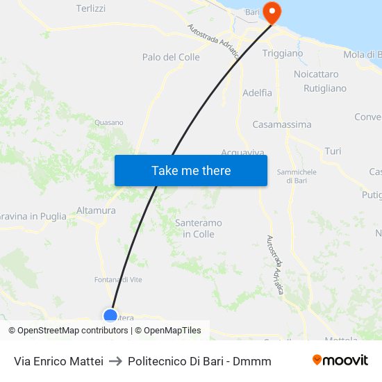 Via Enrico Mattei to Politecnico Di Bari - Dmmm map