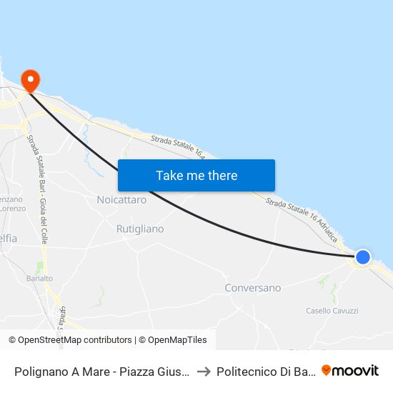 Polignano A Mare - Piazza Giuseppe Garibaldi 50 to Politecnico Di Bari - Dmmm map