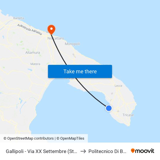 Gallipoli - Via XX Settembre (Stazione Ferroviaria) to Politecnico Di Bari - Dmmm map