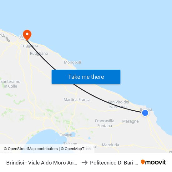 Brindisi - Viale Aldo Moro Ang. Via Liguria to Politecnico Di Bari - Dmmm map