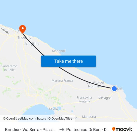 Brindisi - Tuturano - Via Adua to Politecnico Di Bari - Dmmm map