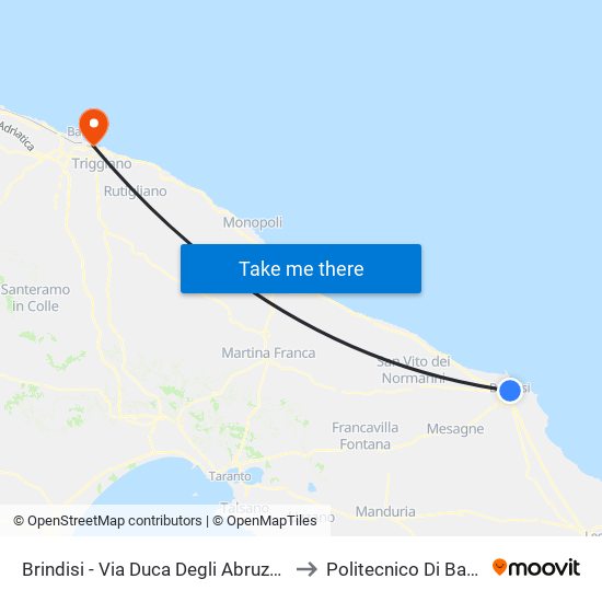 Brindisi - Viale Spagna 1 - Direzione Capolinea to Politecnico Di Bari - Dmmm map