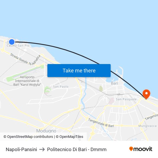 Napoli-Pansini to Politecnico Di Bari - Dmmm map