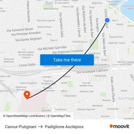 Cavour-Putignani to Padiglione Asclepios map