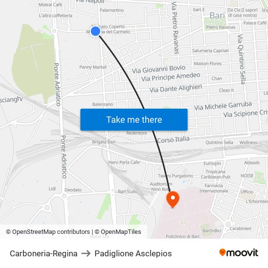 Carboneria-Regina to Padiglione Asclepios map