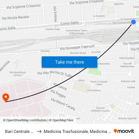 Bari Centrale (Fnb) to Medicina Trasfusionale, Medicina Nucleare map