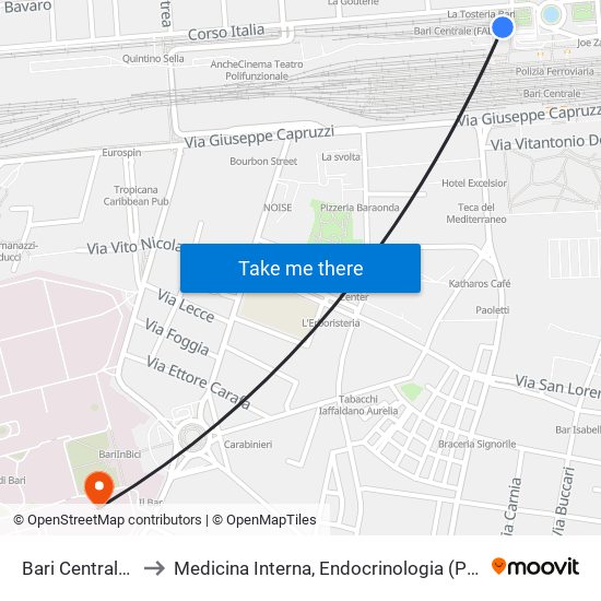 Bari Centrale (Fnb) to Medicina Interna, Endocrinologia (Padiglione Chini) map