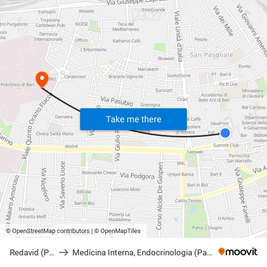 Redavid (Poliba) to Medicina Interna, Endocrinologia (Padiglione Chini) map