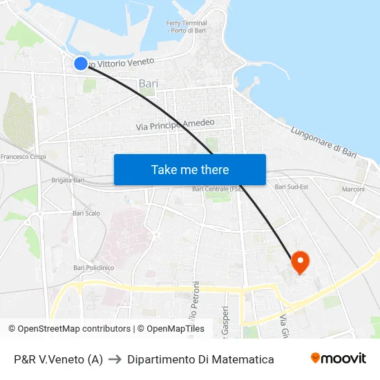 P&R Vittorio Veneto (A) to Mathematics Department map