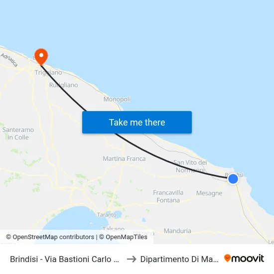 Brindisi - Charles V Bastions Street (Station) to Mathematics Department map
