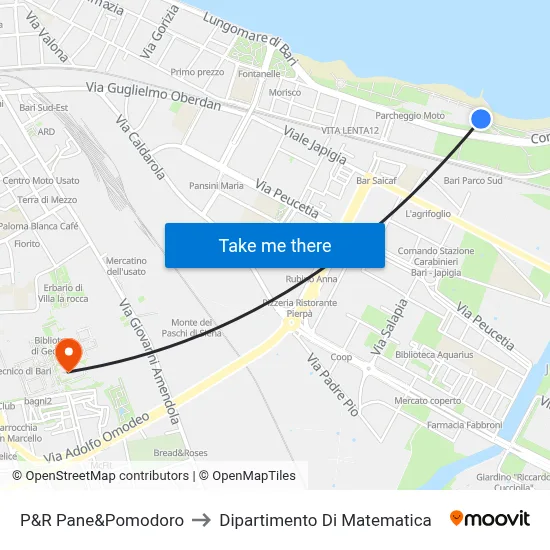P&R Pane&Pomodoro to Mathematics Department map