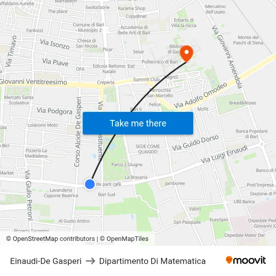 Einaudi-De Gasperi to Mathematics Department map