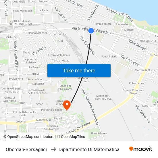 Oberdan-Bersaglieri to Mathematics Department map