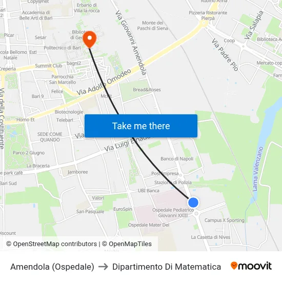 Amendola (Hospital) to Mathematics Department map