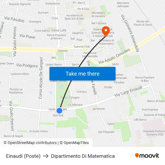 Einaudi (Post Office) to Department of Mathematics map