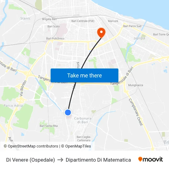 Di Venere (Hospital) to Mathematics Department map