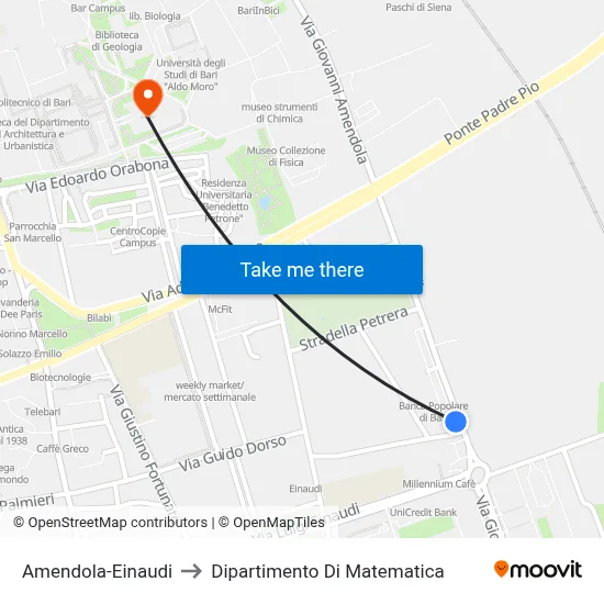 Amendola-Einaudi to Mathematics Department map